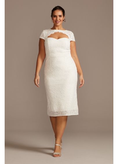 Cap Sleeve Plus Size Lace Dress with Keyhole - With a scalloped cutout and a sleek column